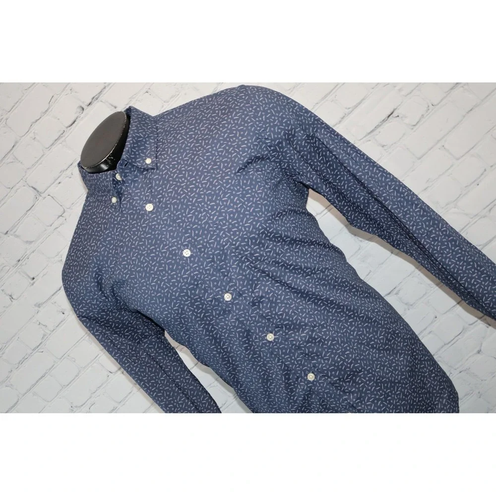 Banana Republic Dress Shirt Mens Large Blue Floral Untucked Fit Organic Cotton